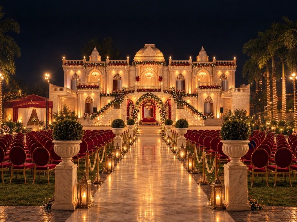 Sahyadri Mangal Karyalay lit up at night